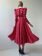 Vintage High Waist Pleated Lapel Long Sleeve Loose Print Maxi Dress