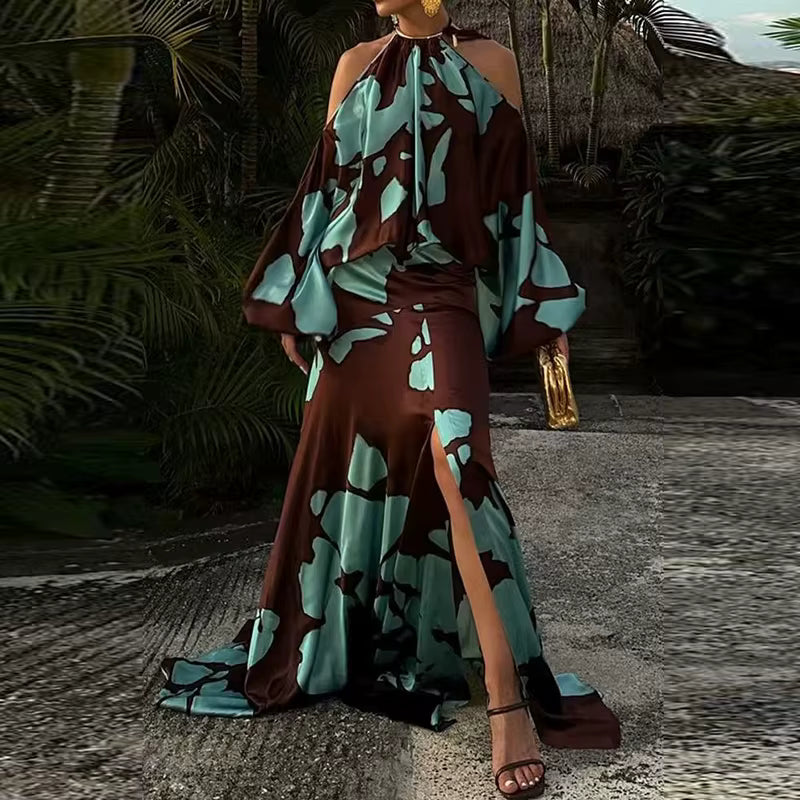 Vintage Hollow Out Shoulder Swing Pattern Printed Waist Bohemian Dress