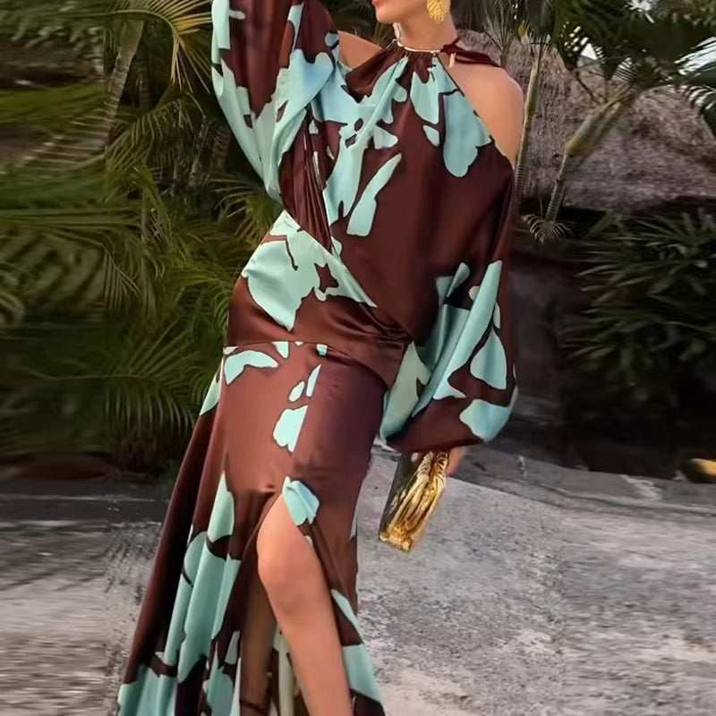 Vintage Hollow Out Shoulder Swing Pattern Printed Waist Bohemian Dress