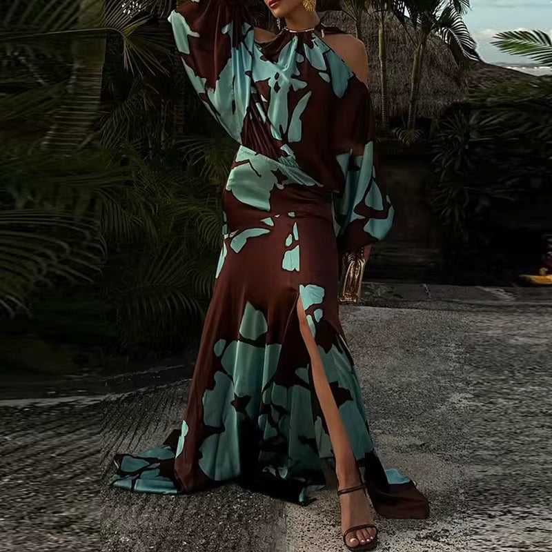 Vintage Hollow Out Shoulder Swing Pattern Printed Waist Bohemian Dress