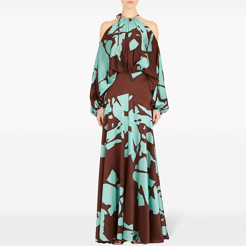 Vintage Hollow Out Shoulder Swing Pattern Printed Waist Bohemian Dress