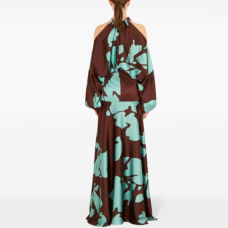 Vintage Hollow Out Shoulder Swing Pattern Printed Waist Bohemian Dress