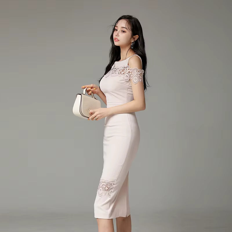 Vintage Hook Flower Hollow Slim Lace Sheath Pencil Knee Length Dress