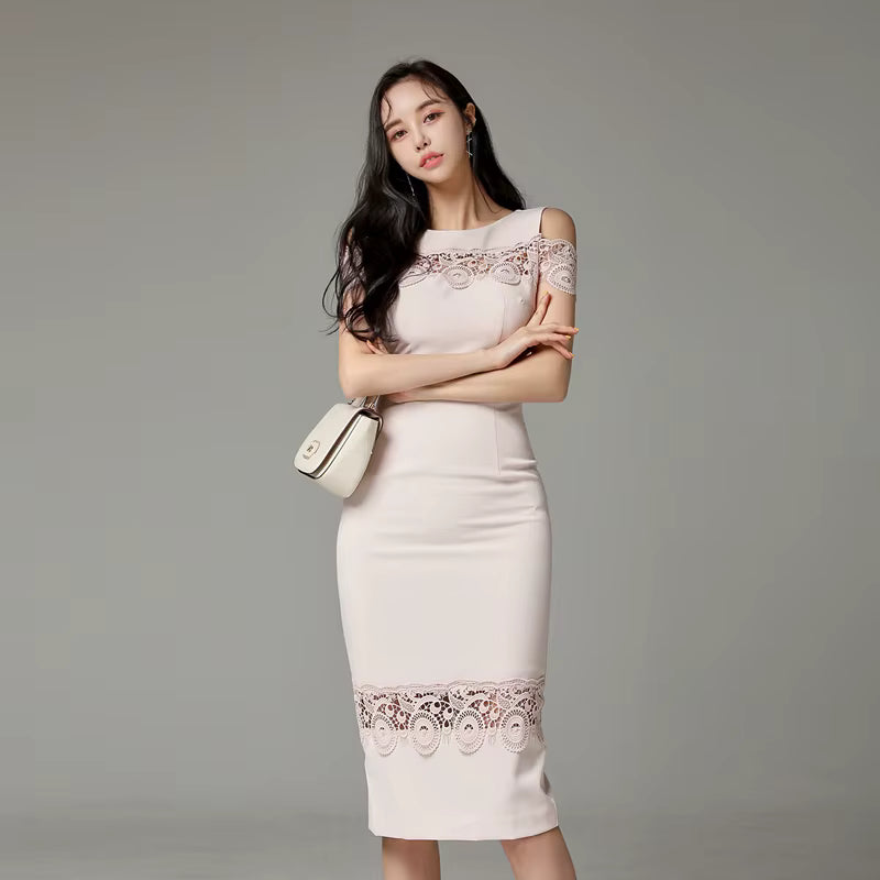 Vintage Hook Flower Hollow Slim Lace Sheath Pencil Knee Length Dress