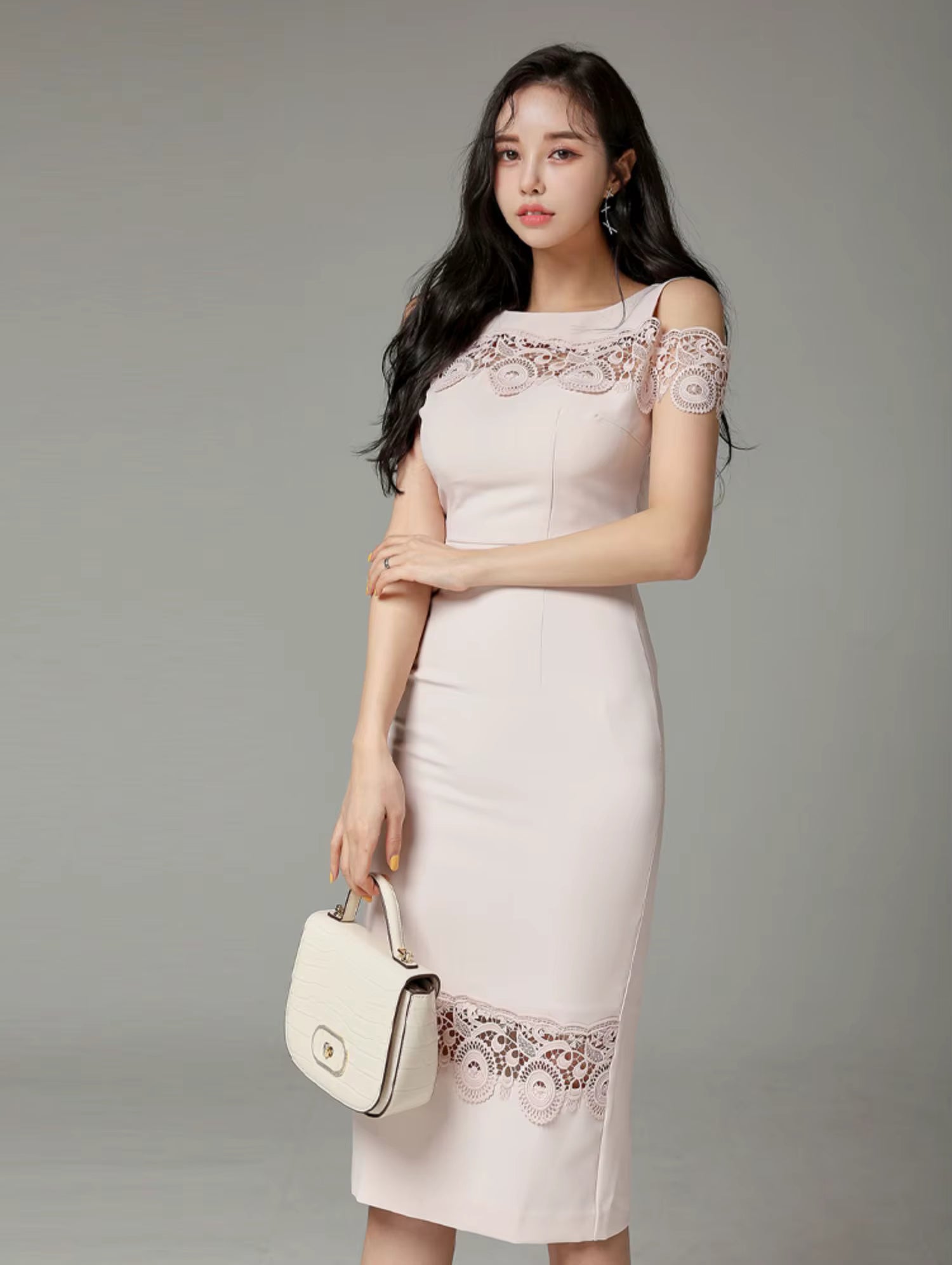 Vintage Hook Flower Hollow Slim Lace Sheath Pencil Knee Length Dress
