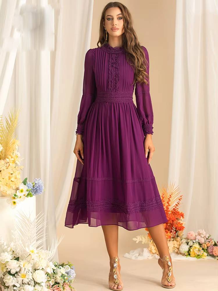 Vintage Long Sleeve High Waist Lace Splicing Stand Collar Midi Dress