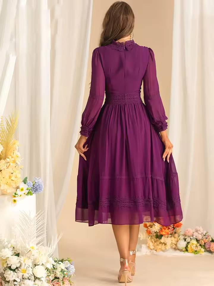 Vintage Long Sleeve High Waist Lace Splicing Stand Collar Midi Dress