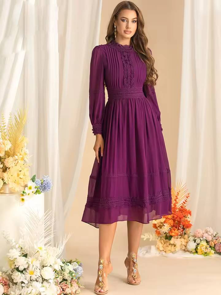 Vintage Long Sleeve High Waist Lace Splicing Stand Collar Midi Dress