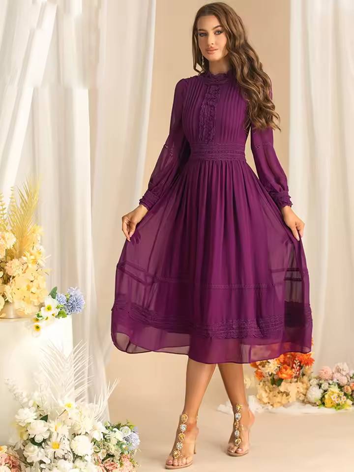 Vintage Long Sleeve High Waist Lace Splicing Stand Collar Midi Dress