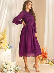 Vintage Long Sleeve High Waist Lace Splicing Stand Collar Midi Dress