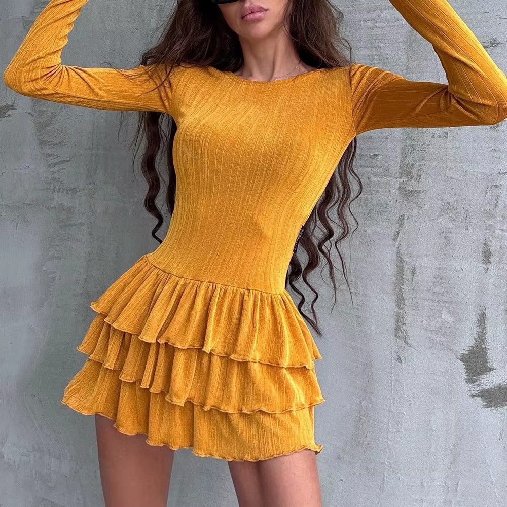 Vintage Long Sleeve O-Neck Stretch Bodycon Mini Dress