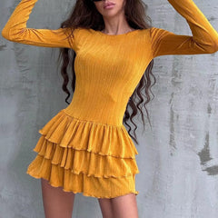 Vintage Long Sleeve O-Neck Stretch Bodycon Mini Dress