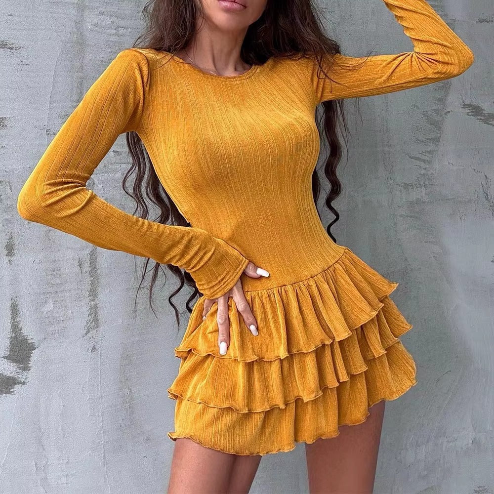 Vintage Long Sleeve O-Neck Stretch Bodycon Mini Dress