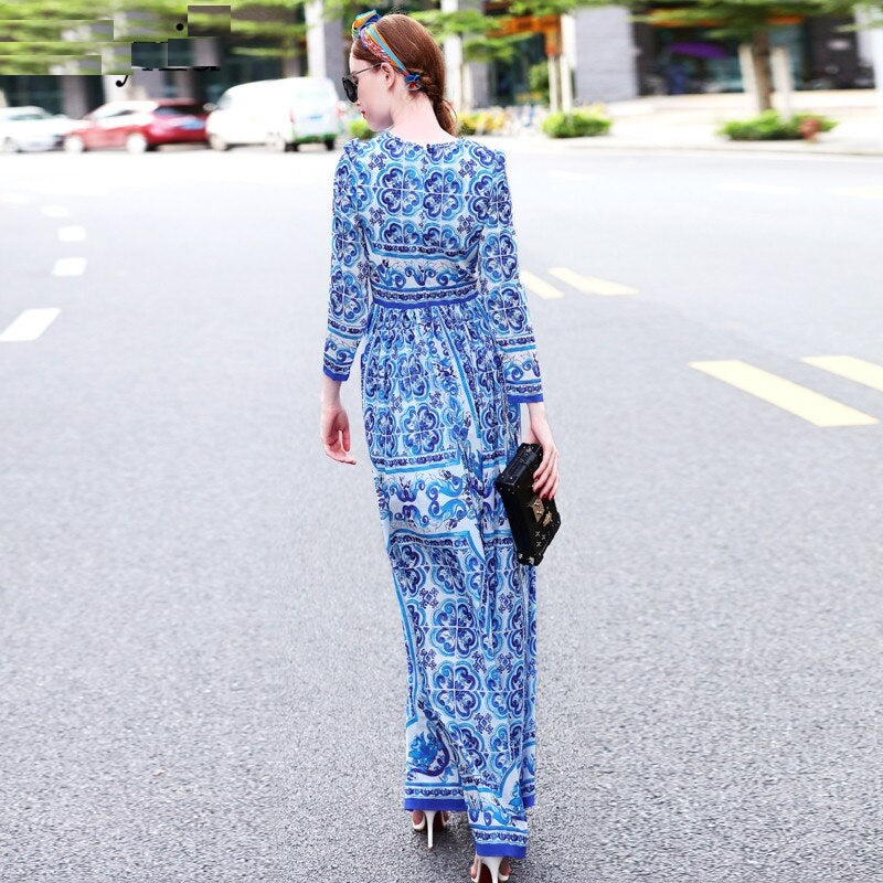 Vintage Long Sleeve Porcelain Print Holiday Maxi Dresses
