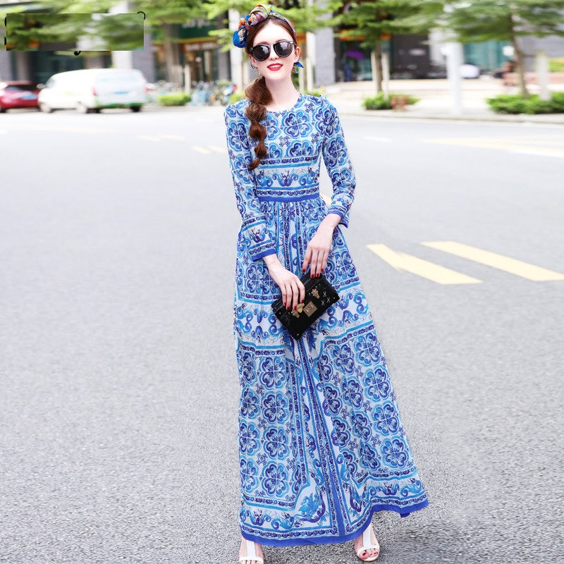 Vintage Long Sleeve Porcelain Print Holiday Maxi Dresses