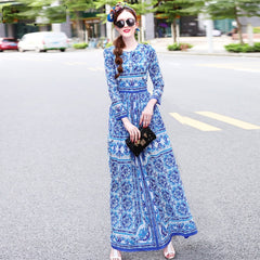 Vintage Long Sleeve Porcelain Print Holiday Maxi Dresses