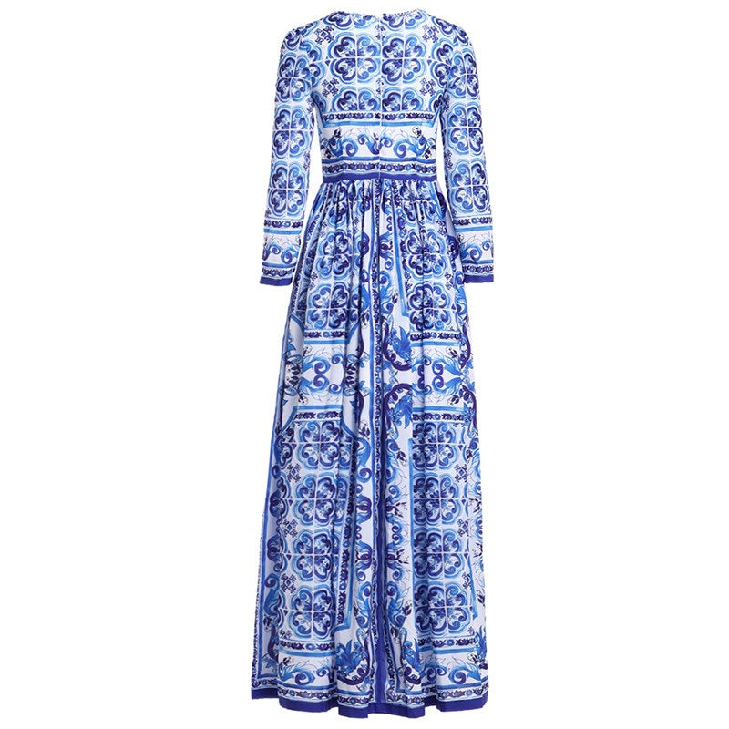Vintage Long Sleeve Porcelain Print Holiday Maxi Dresses