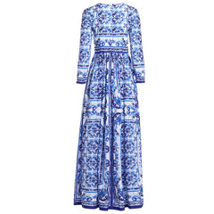 Vintage Long Sleeve Porcelain Print Holiday Maxi Dresses