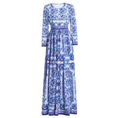 Vintage Long Sleeve Porcelain Print Holiday Maxi Dresses