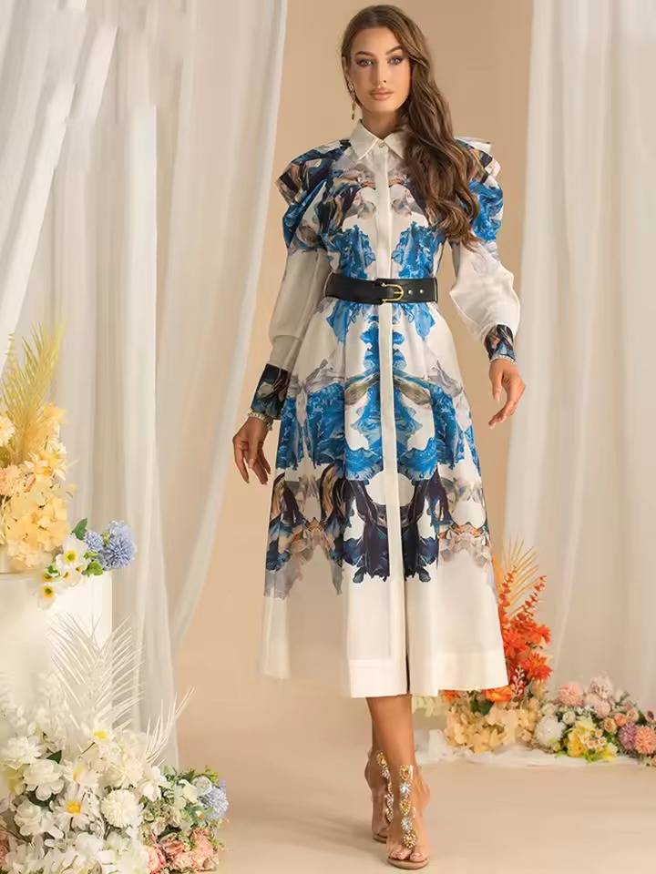 Vintage Long Sleeve Single-Breasted Print Midi Dress