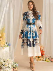 Vintage Long Sleeve Single-Breasted Print Midi Dress