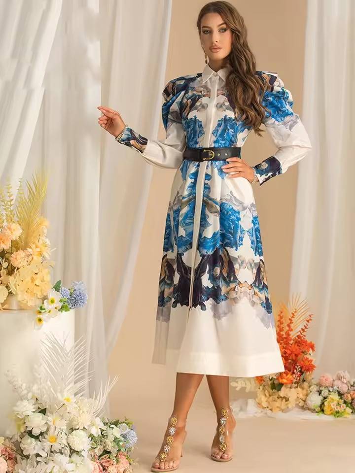 Vintage Long Sleeve Single-Breasted Print Midi Dress
