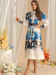 Vintage Long Sleeve Single-Breasted Print Midi Dress