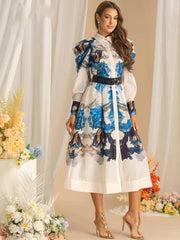 Vintage Long Sleeve Single-Breasted Print Midi Dress