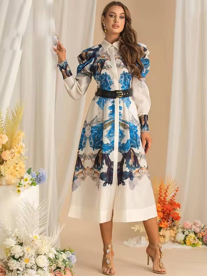 Vintage Long Sleeve Single-Breasted Print Midi Dress