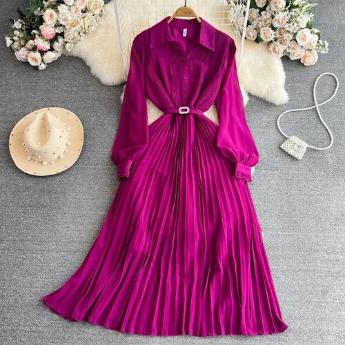 Vintage Maxi Dress for Women Polo-neck Lantern Sleeve Belted