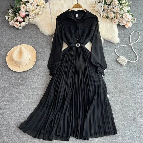 Vintage Maxi Dress for Women Polo-neck Lantern Sleeve Belted