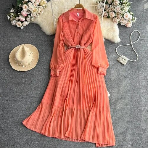 Vintage Maxi Dress for Women Polo-neck Lantern Sleeve Belted
