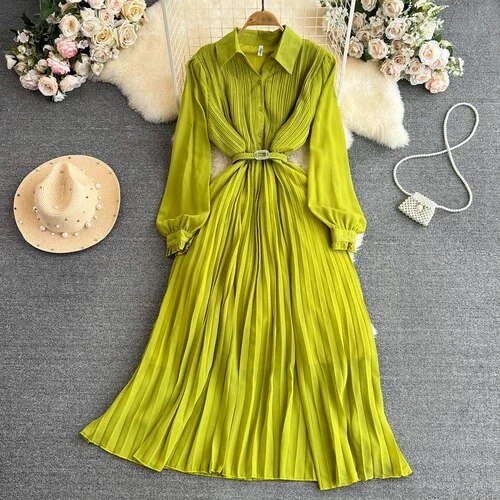 Vintage Maxi Dress for Women Polo-neck Lantern Sleeve Belted