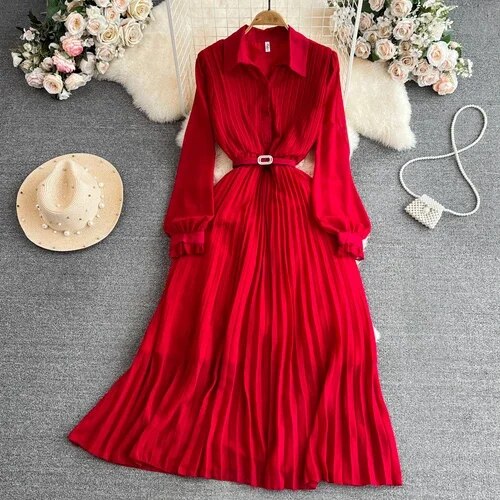 Vintage Maxi Dress for Women Polo-neck Lantern Sleeve Belted