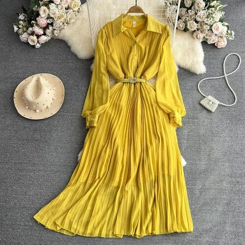 Vintage Maxi Dress for Women Polo-neck Lantern Sleeve Belted