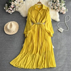 Vintage Maxi Dress for Women Polo-neck Lantern Sleeve Belted