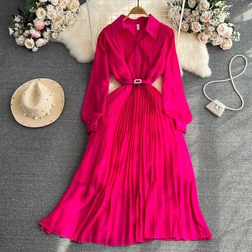Vintage Maxi Dress for Women Polo-neck Lantern Sleeve Belted