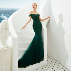 Vintage Mermaid Off Shoulder Lace Appliques Beaded Tulle Backless Long Prom Dresses