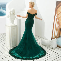 Vintage Mermaid Off Shoulder Lace Appliques Beaded Tulle Backless Long Prom Dresses