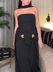 Vintage Metal Pin Design Long Dress With Scarf Strapless Sleeveless Flods Dresses