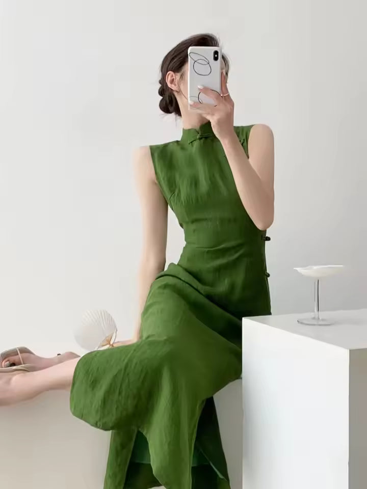 Vintage Natural Literature Art Sleeveless Waist Cinching Slit Maxi Dress