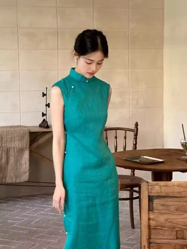 Vintage Natural Literature Art Sleeveless Waist Cinching Slit Maxi Dress
