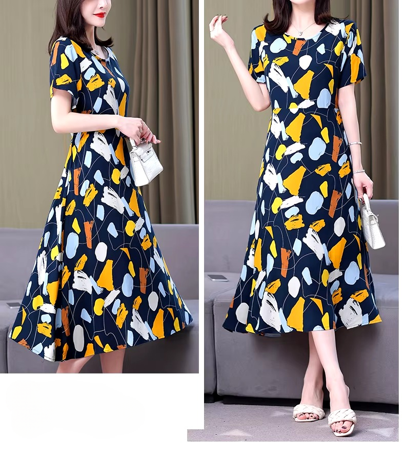 Casual O-Neck Print Knee-Length Slim Midi Dress
