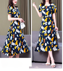 Casual O-Neck Print Knee-Length Slim Midi Dress