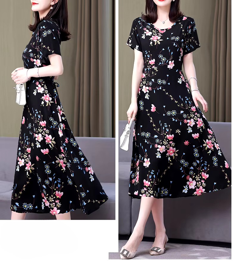 Casual O-Neck Print Short Sleeve Knee-Length Non Stretch Midi Dress
