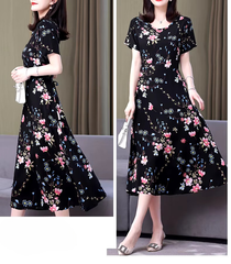 Casual O-Neck Print Short Sleeve Knee-Length Non Stretch Midi Dress