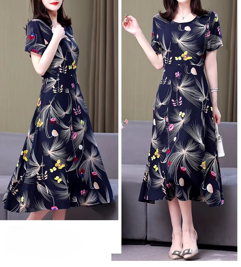 Vintage O-Neck Print Short Sleeve Knee-Length Non Stretch Midi Dress