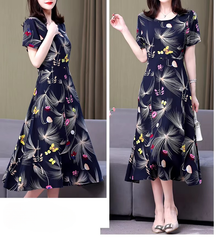 Vintage O-Neck Print Short Sleeve Knee-Length Non Stretch Midi Dress