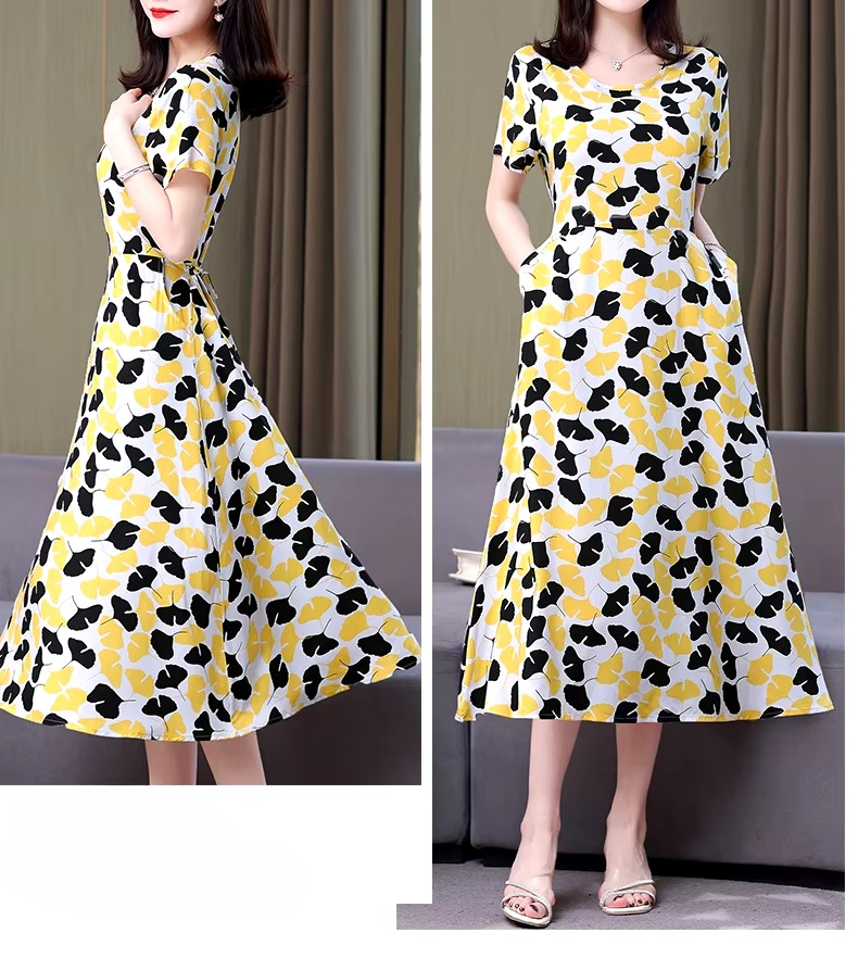 Vintage O-Neck Print Short Sleeve Slim Midi Dress