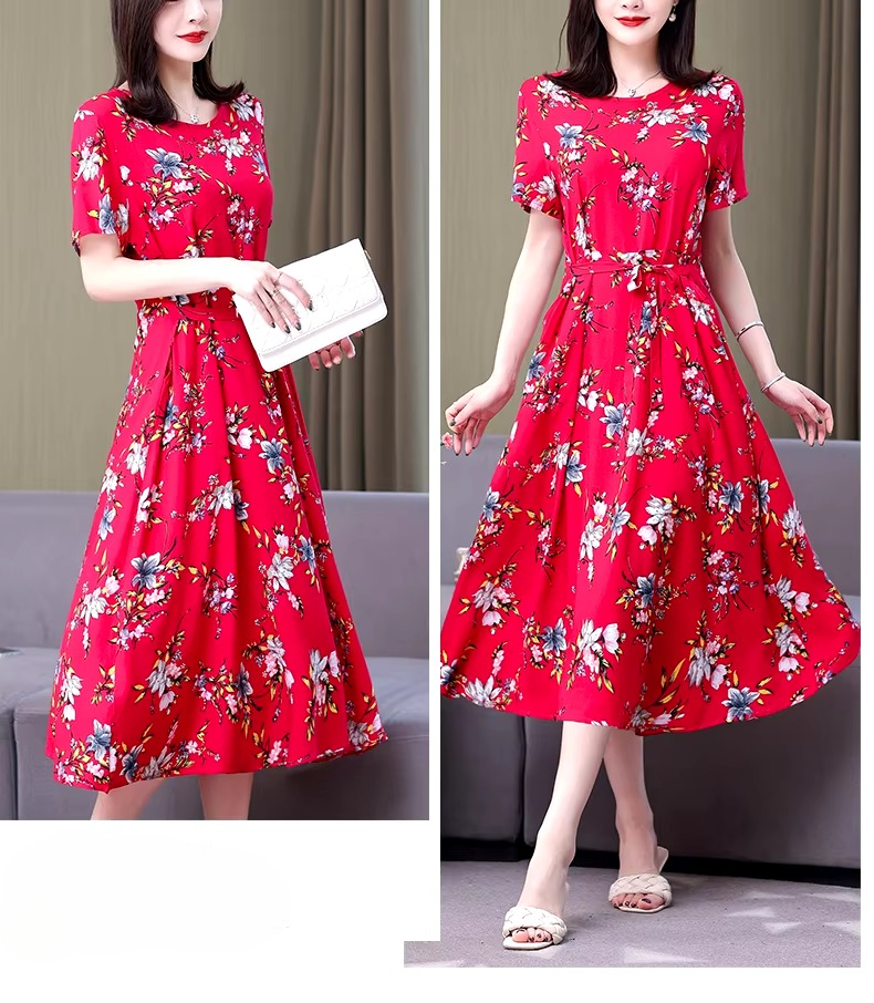 Vintage O-Neck Print Knee-Length Non Stretch Midi Dress